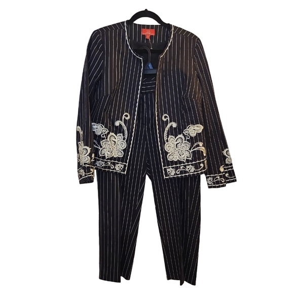 Oscar de la Renta Navy Blue Pinstripe Embroidered Floral Pantsuit Sz: 10 cotton - Picture 2 of 14